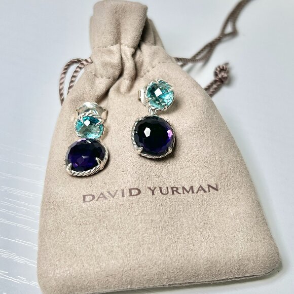 David Yurman Chatelaine Blue Topaz/Amethyst Silver Drop Dangle Earrings